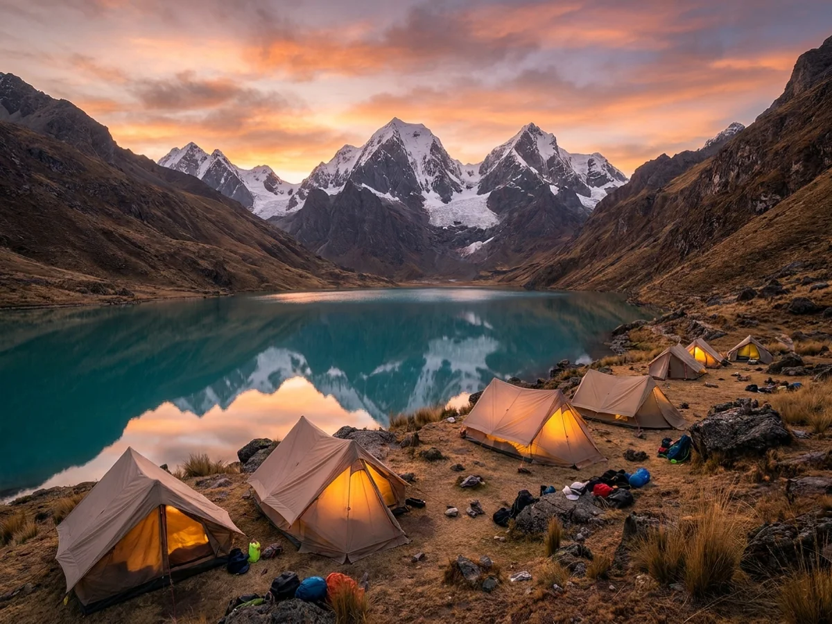 Campamento junto a una laguna al atardecer