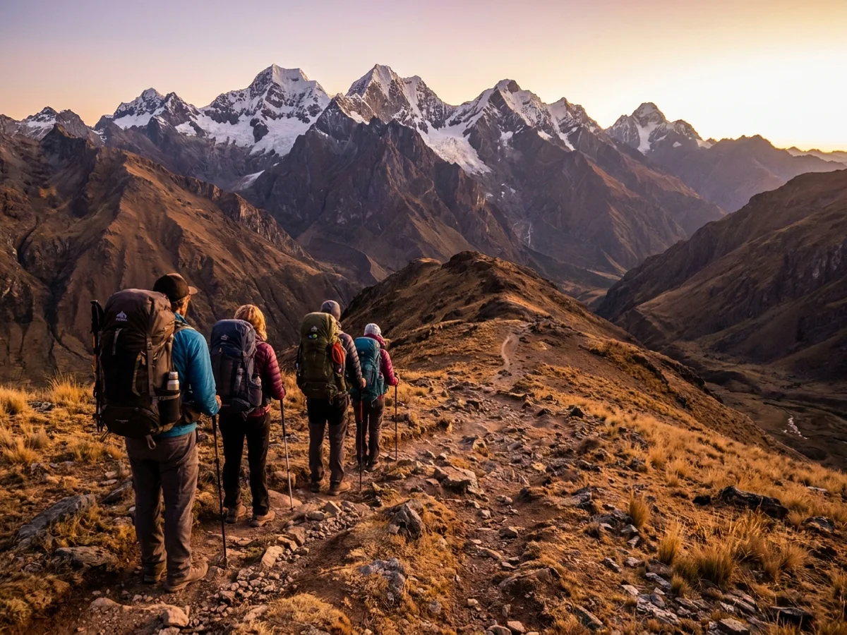 Grupo de trekkers en el sendero del Huayhuash