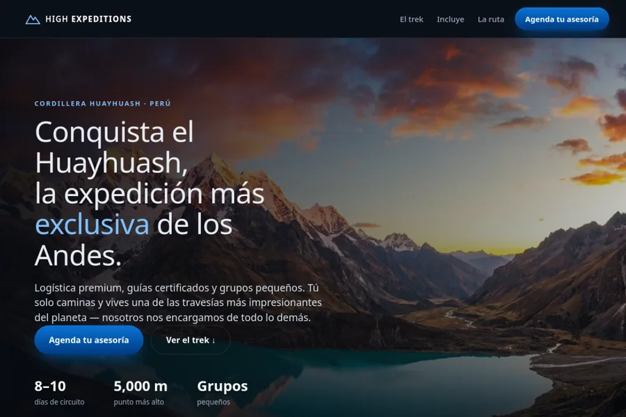 Landing real de High Expeditions — Expediciones de alta montaña · Cordillera Huayhuash